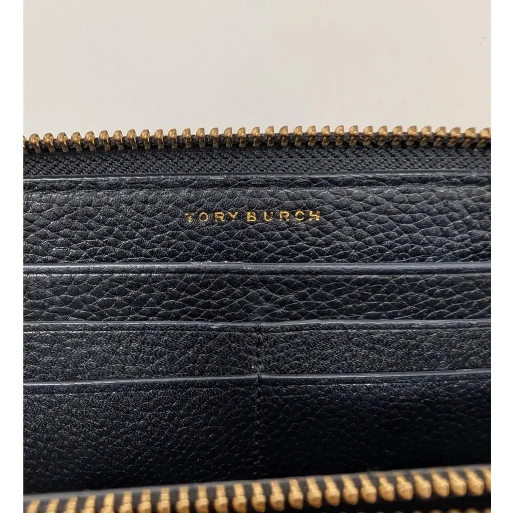Tory Burch Black Leather Zip Around Wallet Pebbled Logo Continental